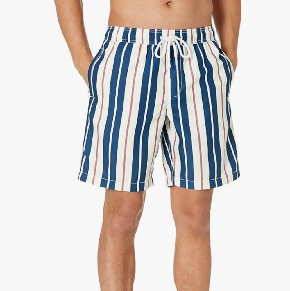 Amazon Essentials Mens Striped Swim Trunks Navy Cream Red‎ Large Mesh Lining